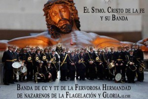 Cartel con la imagen titular de la hermandad de la Flagelación con su banda/flagelación