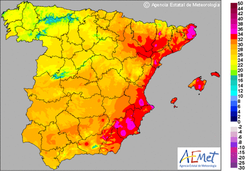 Temperaturas máximas de mañana en Península y Baleares, día 28 de julio. Gráfico: aemet.es