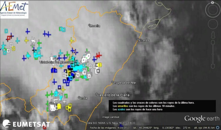 Mucha actividad eléctrica esta tarde en provincia de Castellón, estos son los rayos registrados entre 16:50 y 17:50. AEMET