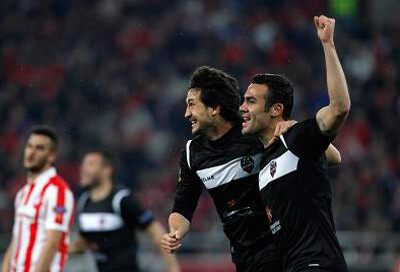 Los granotas celebran el gol contra el Olimpiacos. Foto: Levante UD