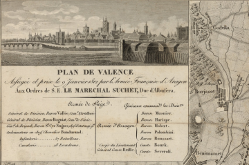 Plano de Valencia, asediada y tomada el 9 de enero de 1812 por la armada francesa de Aragón, a las órdenes del Mariscal Suchet, duque de Albufera. Fuente: Dumoulin