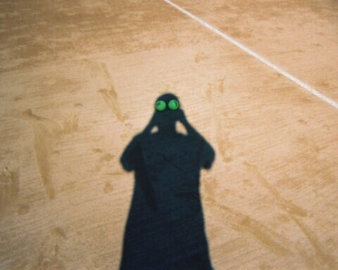 A shadowy figure stands on a sandy field.